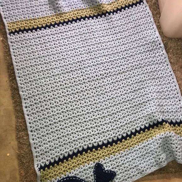 Hand made afghan/baby blanket. Blues and greens. With a whale on the bottom. - Picture 3 of 3